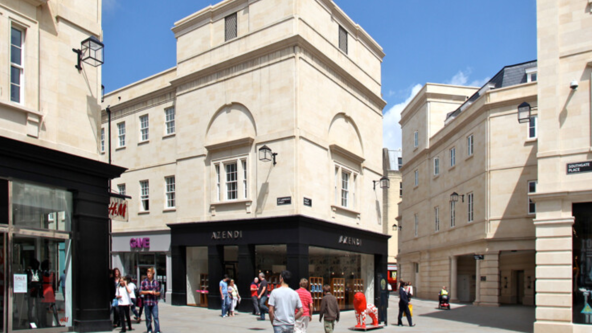 Busy shopping area with modern architecture. SouthGate Bath Shopping Centre