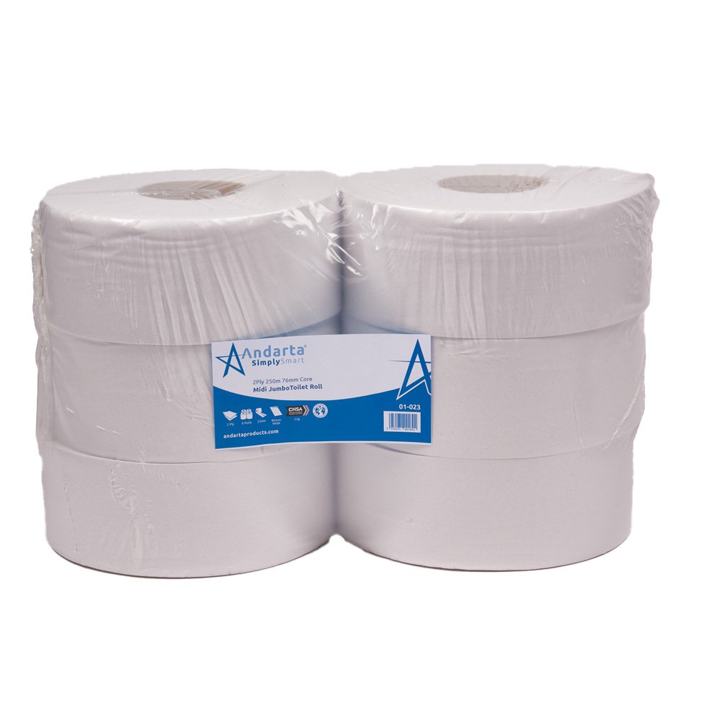 Andarta 2Ply 250m 76mm Core Midi Jumbo Toilet Roll (Pack 6) 2 Andarta 2Ply 250m 76mm Core Midi Jumbo Toilet Roll (Pack 6)