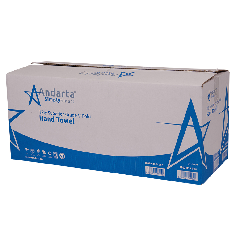 Andarta 1Ply Blue Superior Grade V/Fold Hand Towel (Box 3600) 2 Andarta 1Ply Blue Superior Grade V/Fold Hand Towel (Box 3600)